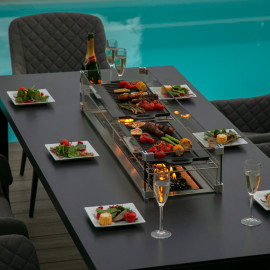 Zest 8 Seat Rectangular Dining Set with Fire Pit Table / Flanelle Zest 8 Seat Rectangular Dining Set with Fire Pit Table / Flanelle