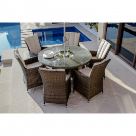 LA 6 Seat Round Ice Bucket Dining Set with Lazy Susan / Brown LA 6 Seat Round Ice Bucket Dining Set with Lazy Susan / Brown