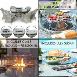 Oxford 6 Seat Round Fire Pit Dining Set with Heritage Chairs and Lazy Susan