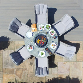 Oxford 6 Seat Round Fire Pit Dining Set with Venice Chairs and Lazy Susan Oxford 6 Seat Round Fire Pit Dining Set with Venice Chairs and Lazy Susan