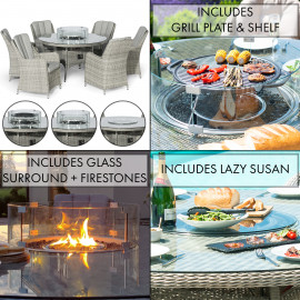 Oxford 6 Seat Round Fire Pit Dining Set with Venice Chairs and Lazy Susan Oxford 6 Seat Round Fire Pit Dining Set with Venice Chairs and Lazy Susan