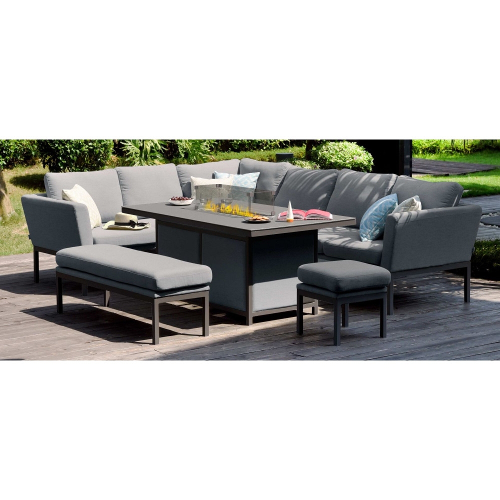 Maze Lounge Outdoor Fabric Rectangular Pulse Corner Dining Set With Fire Pit Table Flanelle