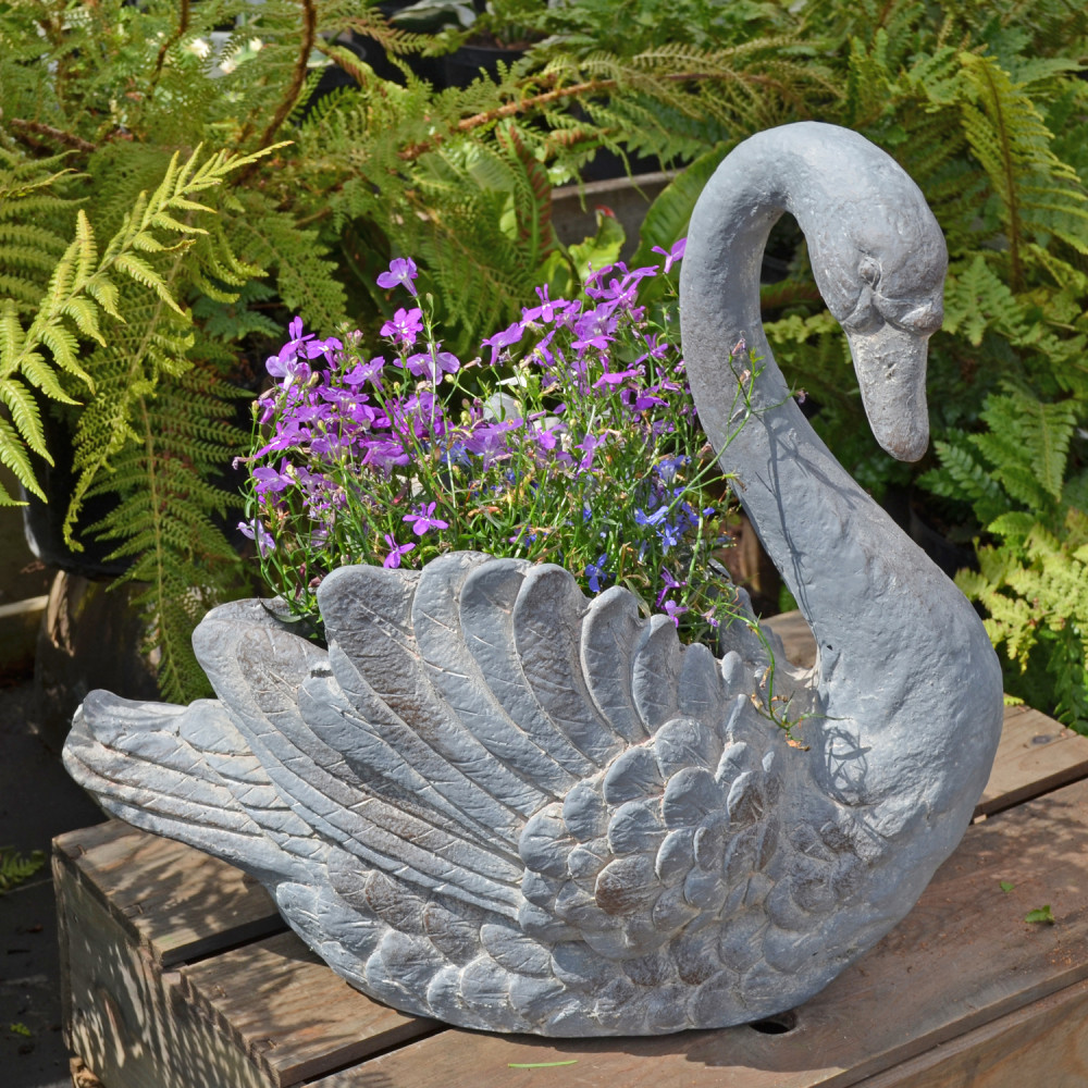 Swan Planter – blue iron effect Swan Planter – blue iron effect